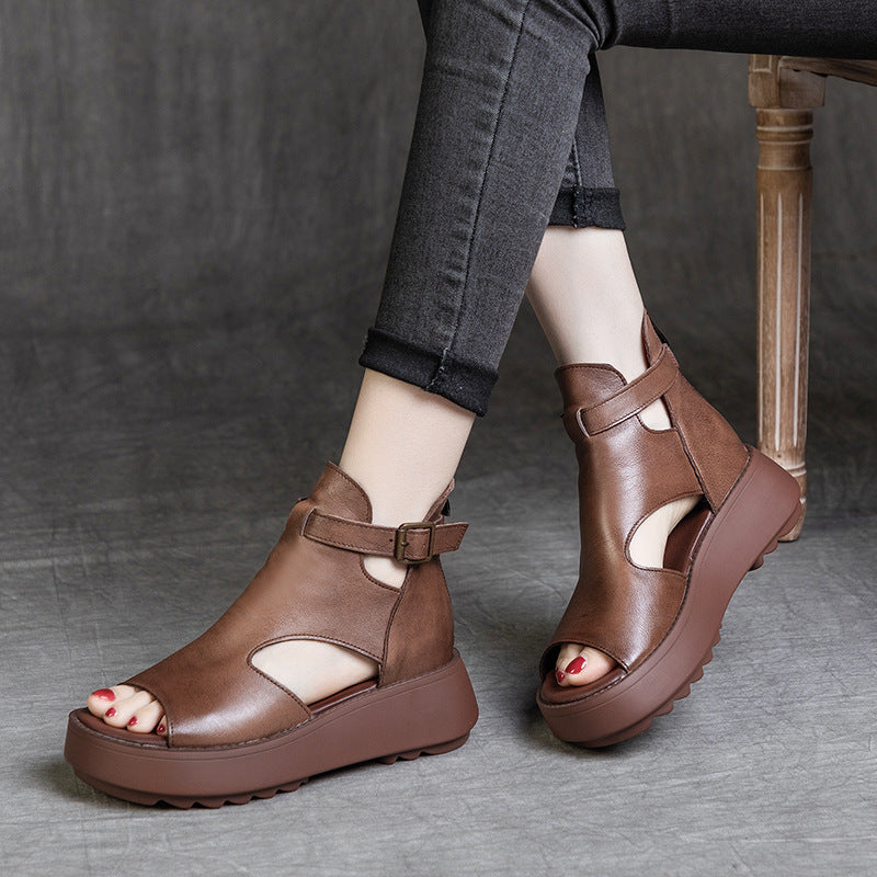 GR | Summer New Retro First Layer Cowhide Back Peep Toe Sandals for Women