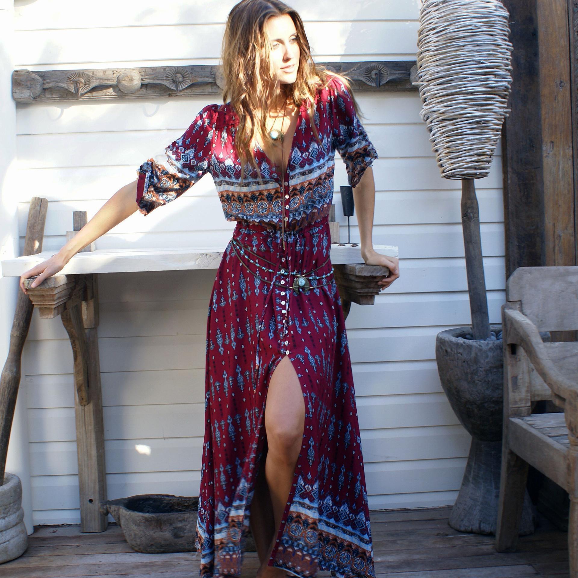 Women's viscose jumpsuit with colorful ethnic design and swing sleeves, size S