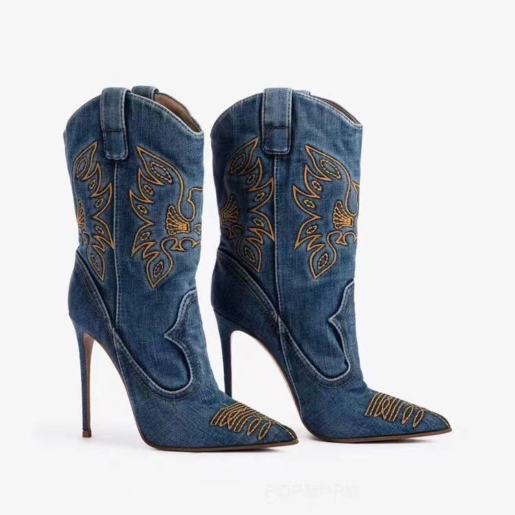 GR | Women's Fashion Western Denim Style High Heels Boots