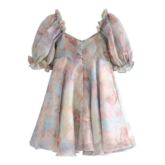 GR | Organza-Kleid mit Blumenmuster und Puffärmeln sowie Herzausschnitt