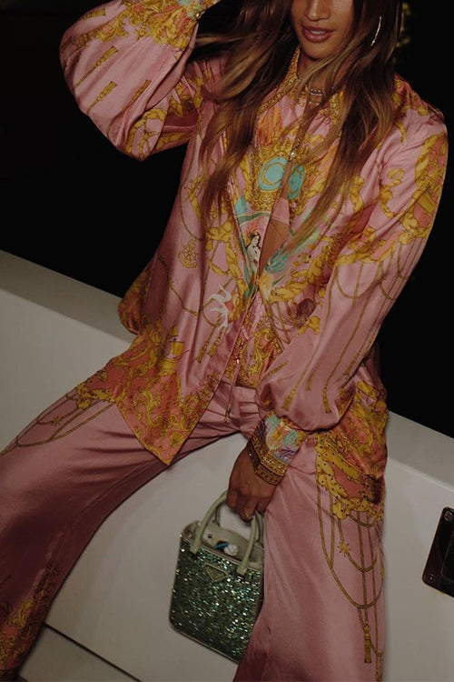 GR | Rosiedress Unique Print Lantern Long Sleeve Blouse Shirt and Wide Leg Trousers Holiday Outfit Set 