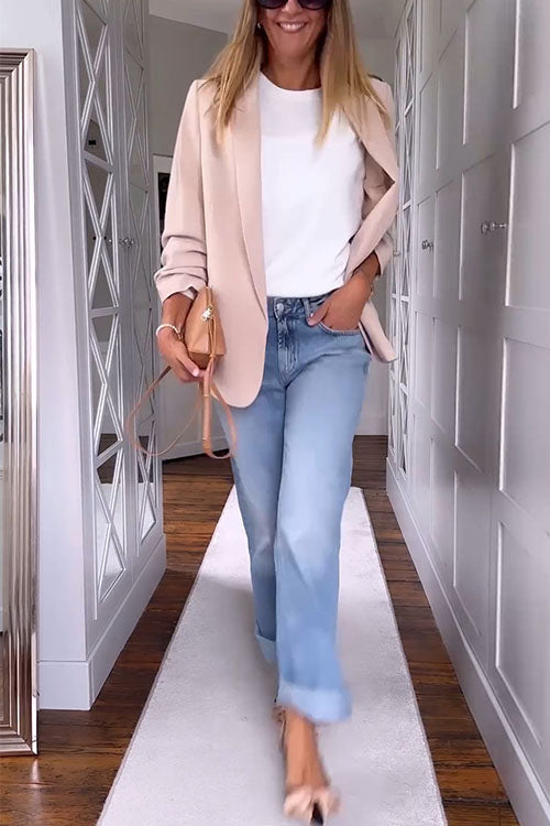 GR | Ruffled Open Front Long Sleeve Apricot Blazer