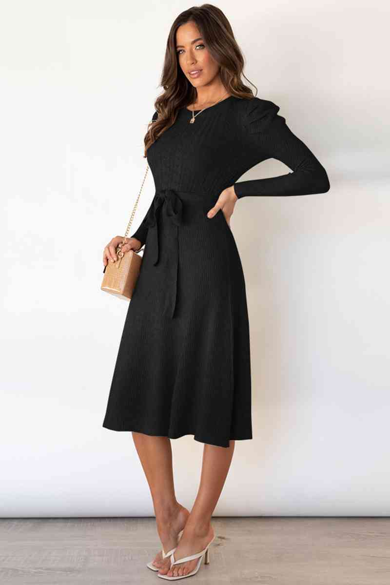 GR | Round Neck Long Sleeve Knot Waist Sweater Dress