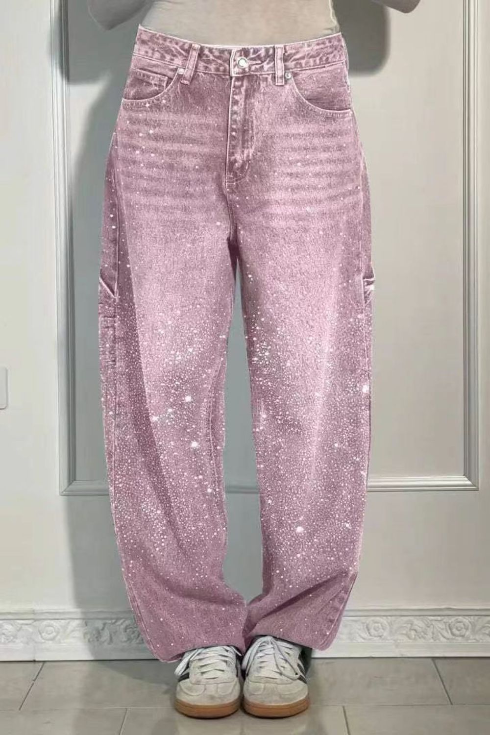 GR | Women's Washed Jeans with Rhinestone Details, Wide Fit