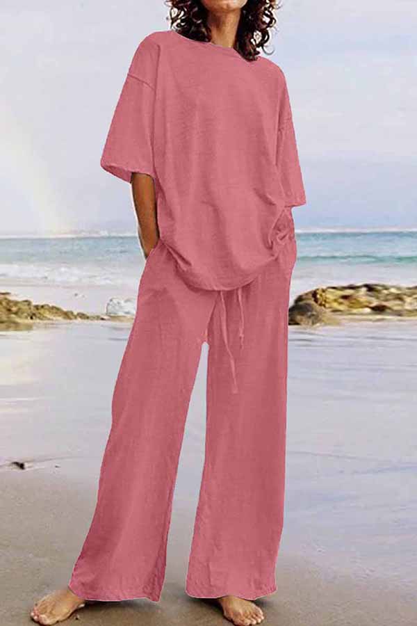 GR | Casual Living Solid Color O-Neck Short Sleeve Two Pieces (11 Colors)