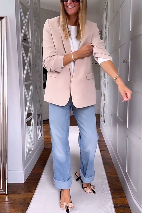 GR | Ruffled Open Front Long Sleeve Apricot Blazer