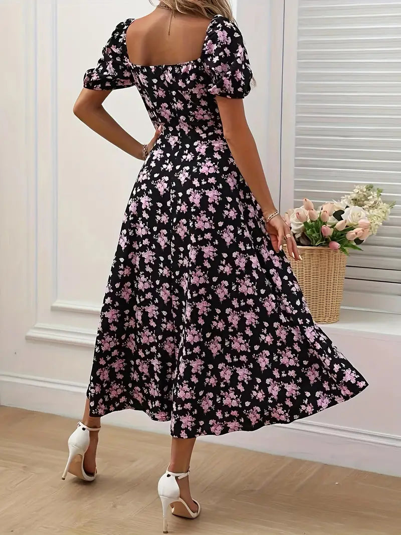 GR | Schickes Kleid mit Puffärmeln Im A-Linien-Stil mit Blumendruck
