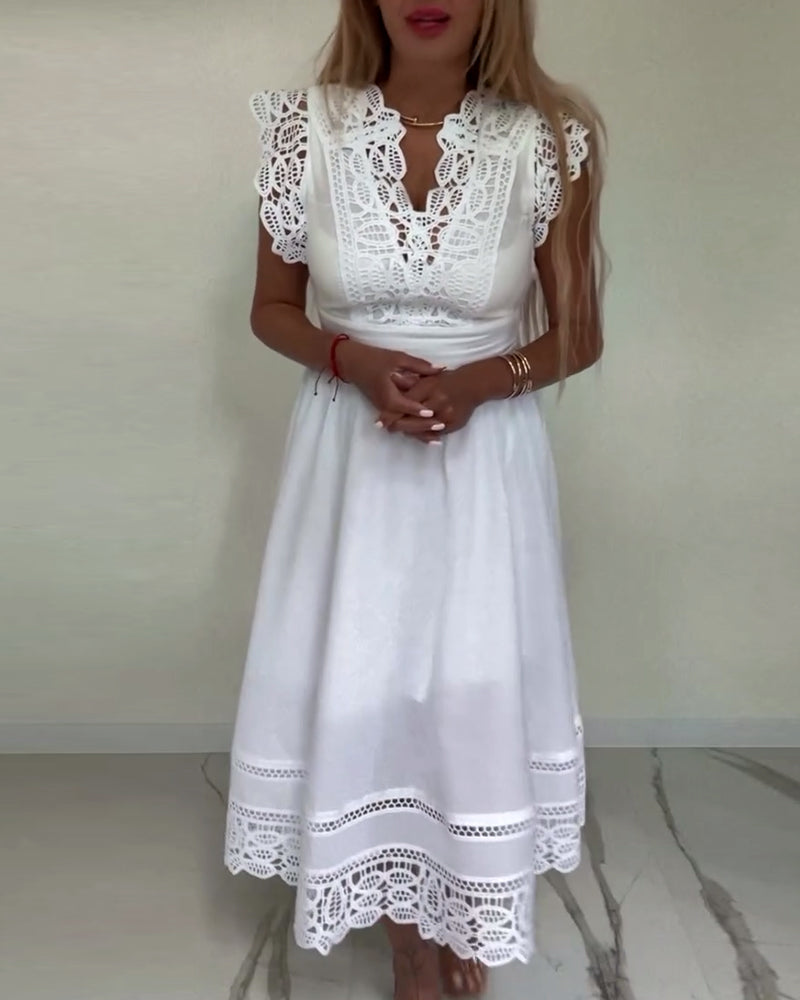 GR | Elegantes Ärmelloses Kleid aus Einfarbiger Spitze mit V-Ausschnitt