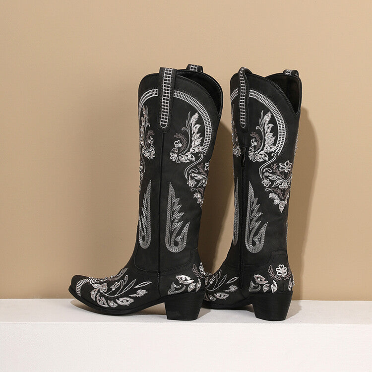 GR | Embroidered Western Denim Retro Women's Knee-Length Boots