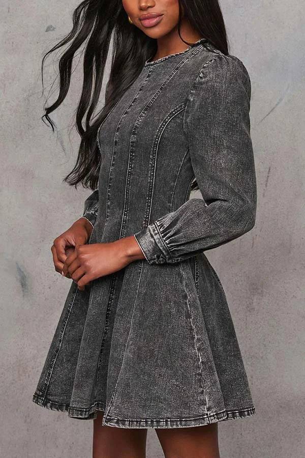 GR | Fade Into You Denim Prinzessinnenlinie Rückenreißverschluss Flare Stretch Mini Kleid