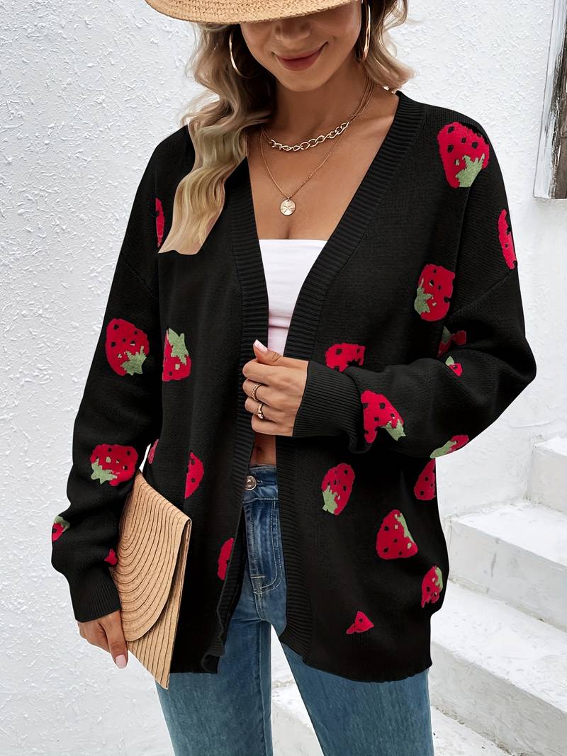Long-sleeved cardigan with strawberry print for autumn and spring