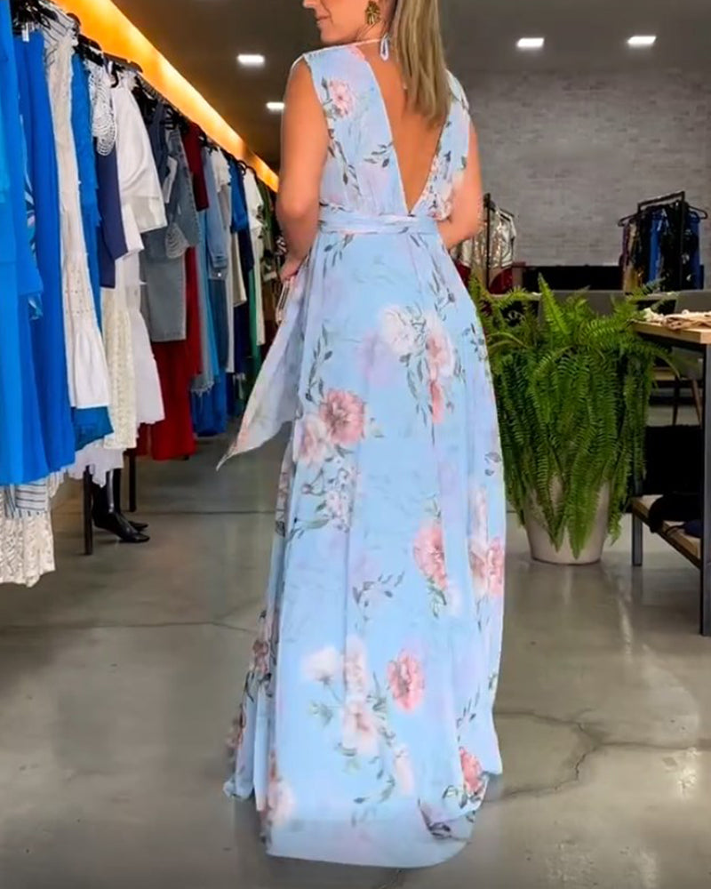 GR | Elegantes Ärmelloses V-Ausschnitt Floral Druck Kleid