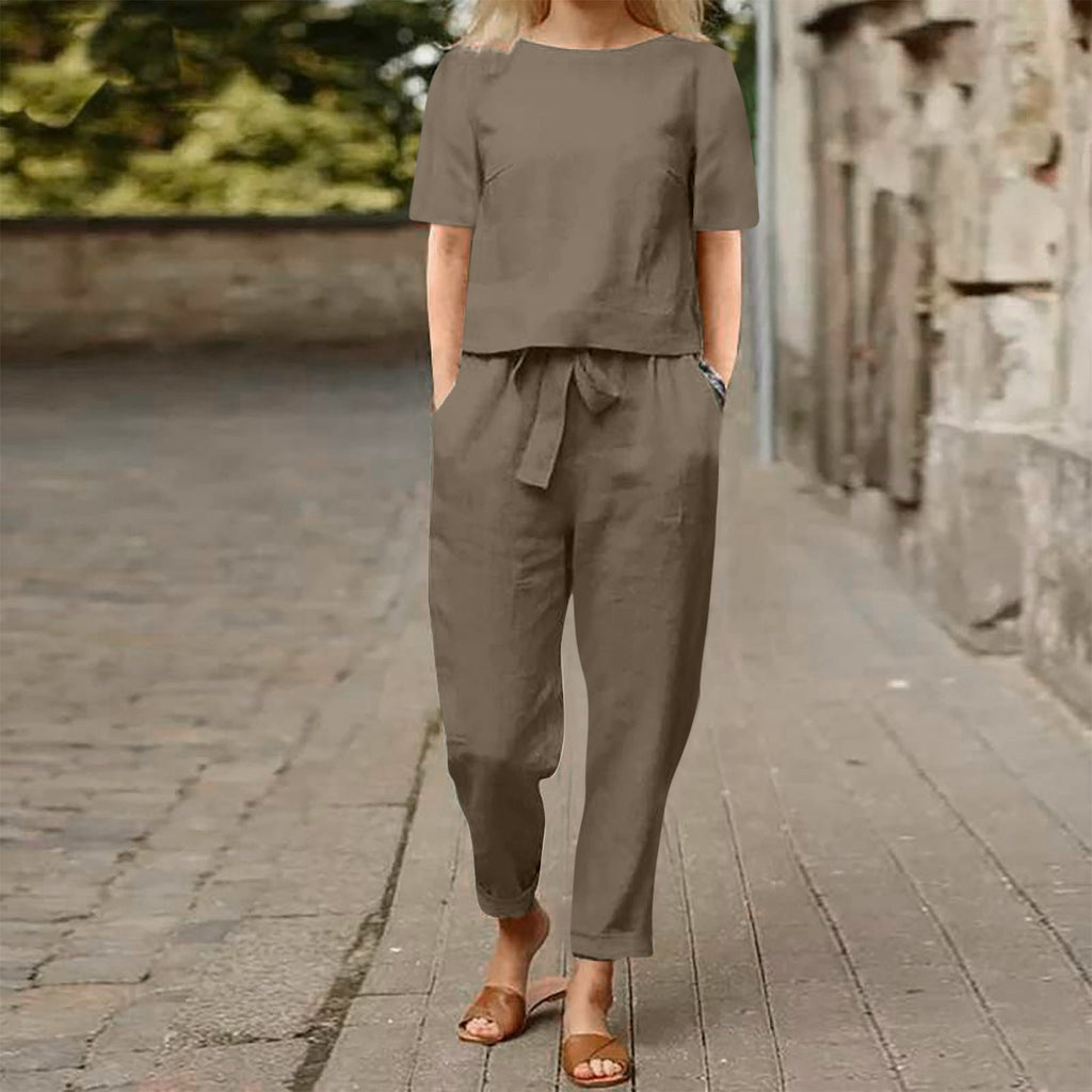 GR | Wide-leg women's trouser suit set made of cotton and linen