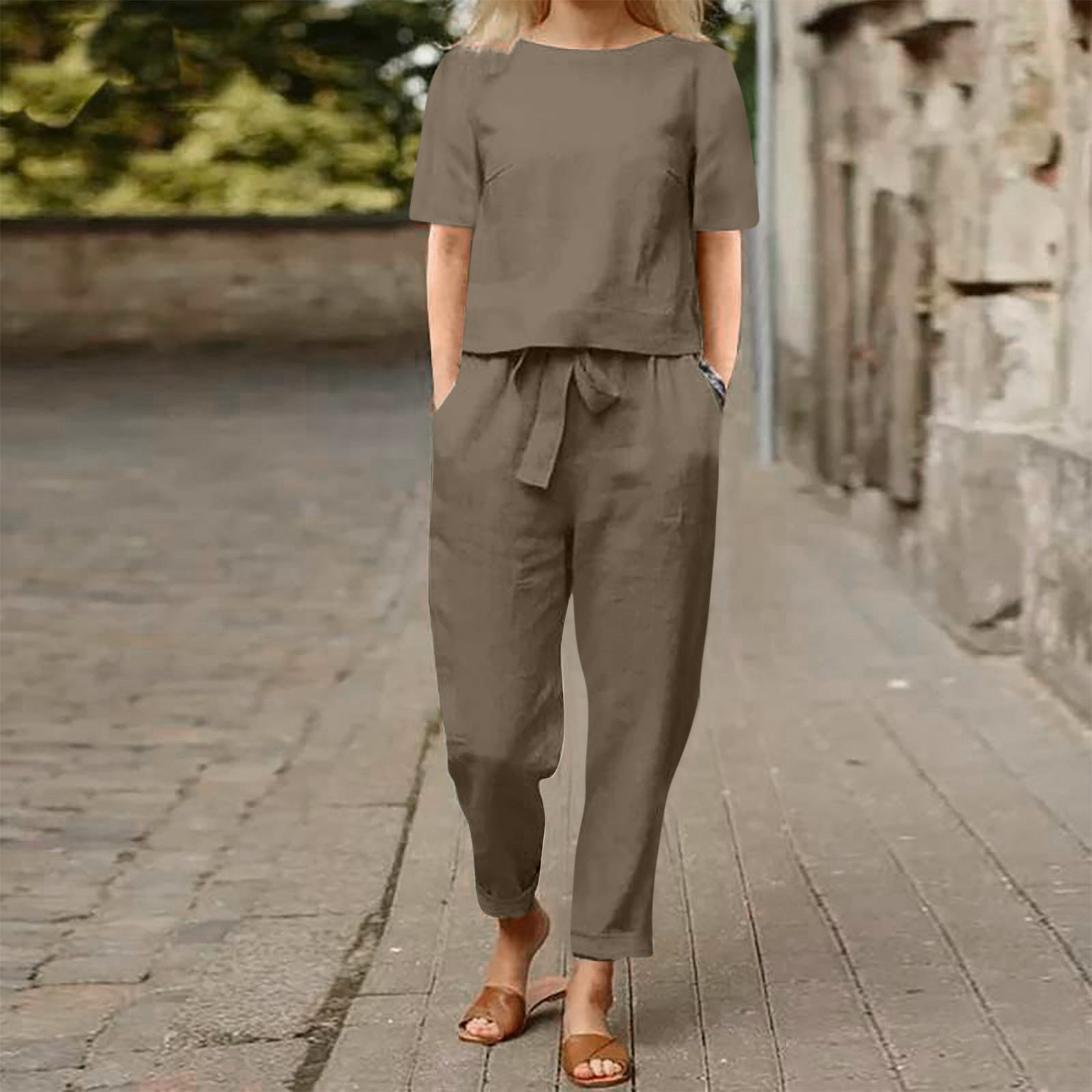 GR | Wide-leg women's trouser suit set made of cotton and linen
