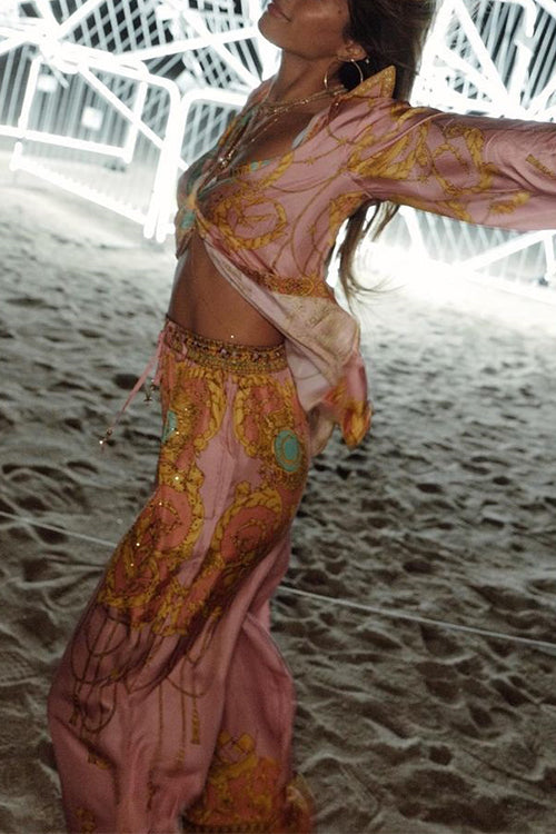 GR | Rosiedress Unique Print Lantern Long Sleeve Blouse Shirt and Wide Leg Trousers Holiday Outfit Set 