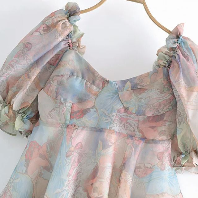 GR | Organza-Kleid mit Blumenmuster und Puffärmeln sowie Herzausschnitt