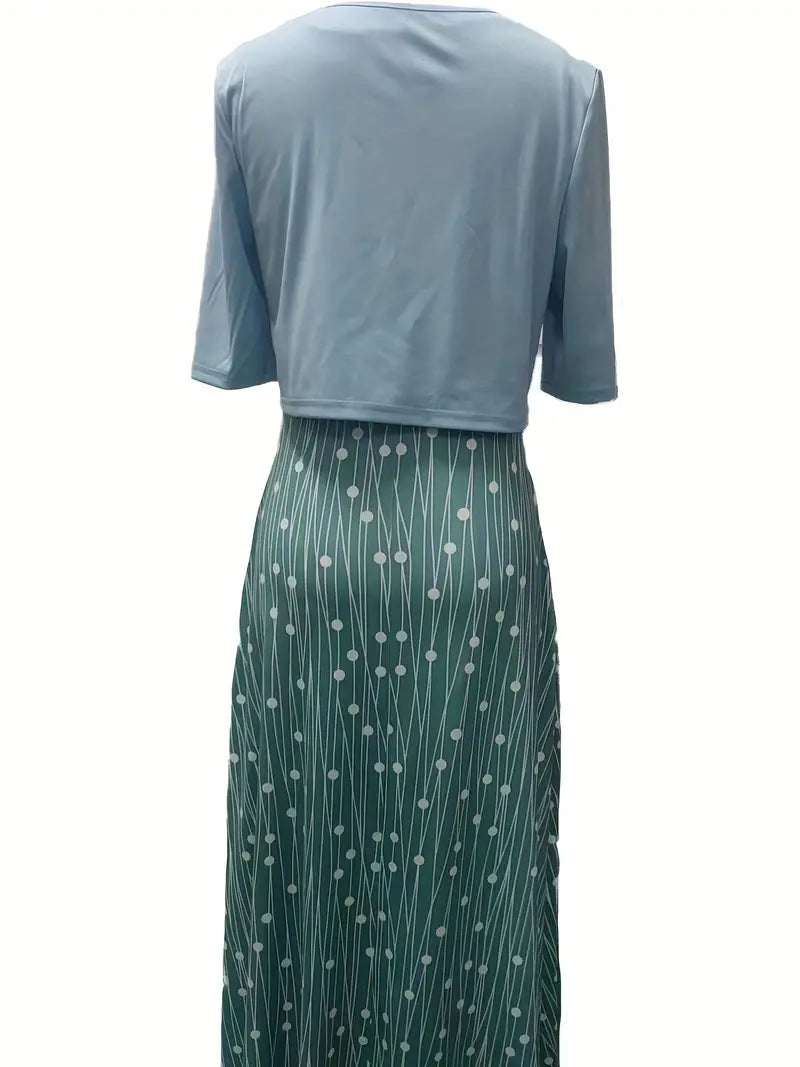 GR | Elegante Zweiteilige Blumenkleid-Set mit Einfarbigem Crop-Top und Rundhalskleid