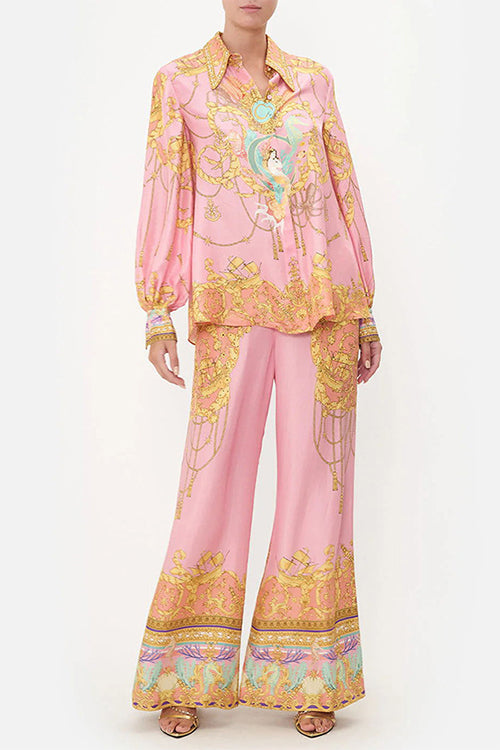 GR | Rosiedress Unique Print Lantern Long Sleeve Blouse Shirt and Wide Leg Trousers Holiday Outfit Set 