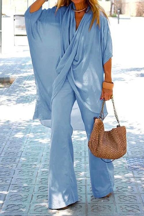 GR | Rosiedress Cross Front Batwing Top Wide Leg Trousers Cotton Linen Set