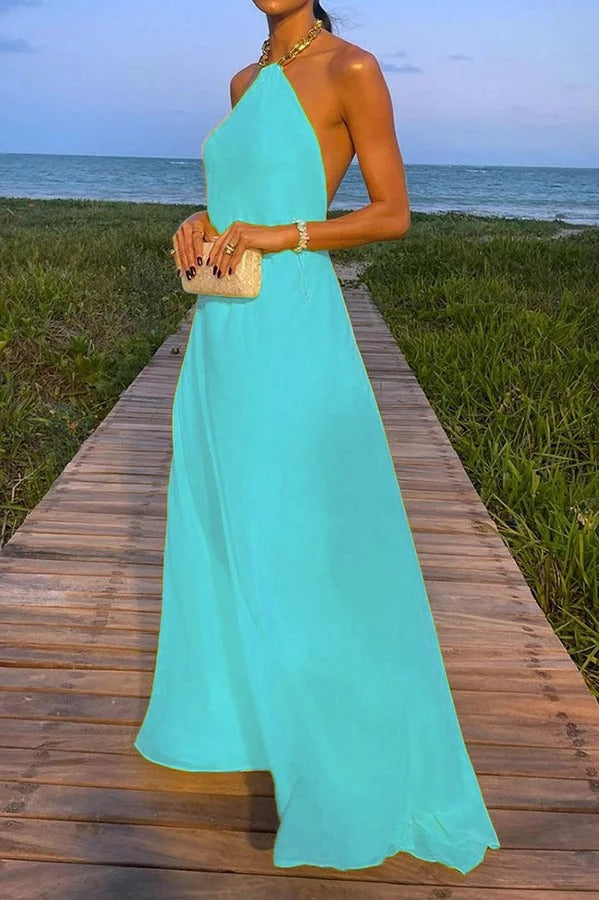 GR | Sunny In Santorini Chain Halter Backless A-Line Holiday Maxi Dress