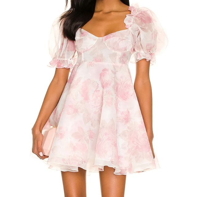 GR | Organza-Kleid mit Blumenmuster und Puffärmeln sowie Herzausschnitt