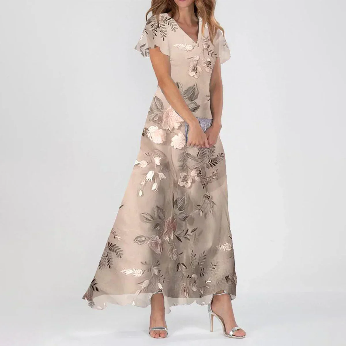 GR | Stylish short-sleeved maxi dress with floral print