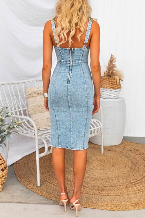 GR | U-neck zip slit denim bodycon cami dress