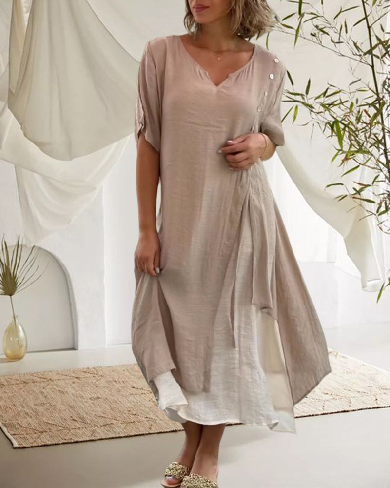 GR | Asymmetrisches Kleid mit kurzen Ärmeln und V-Ausschnitt