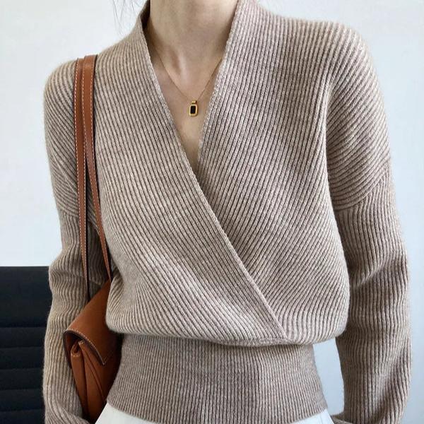 GR | Classic autumn wrap sweater with statement neckline for women