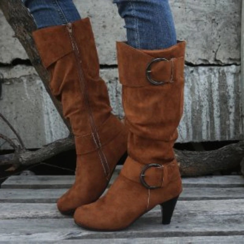 GR | Women's Knee-Length Boots with Zipper and Buckle Stylish High Boots