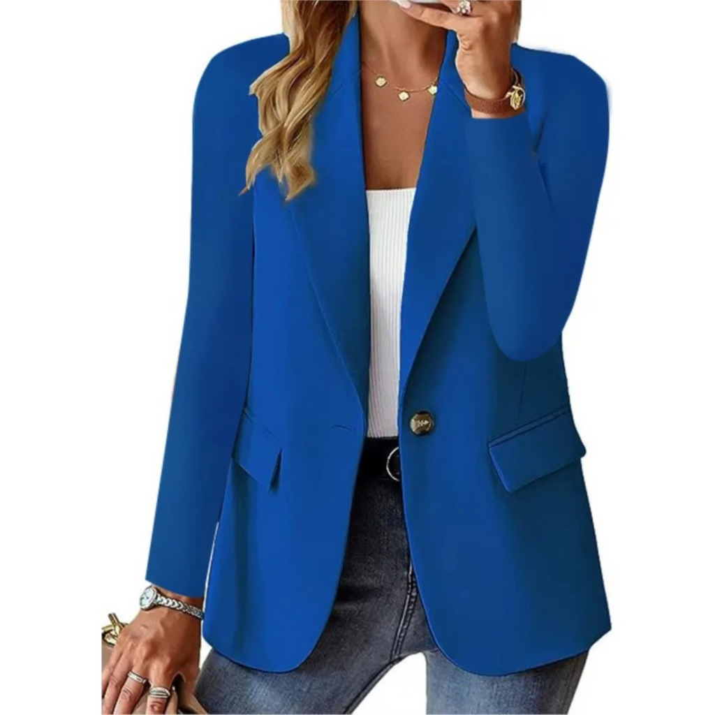 Solid women's blazer with long sleeves and narrow pocket buckle.