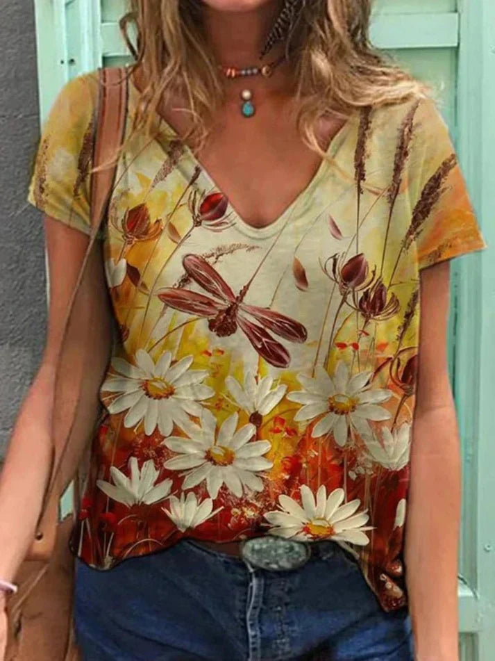 GR | Shirt Mit V-ausschnitt Malerei Blumenkunst