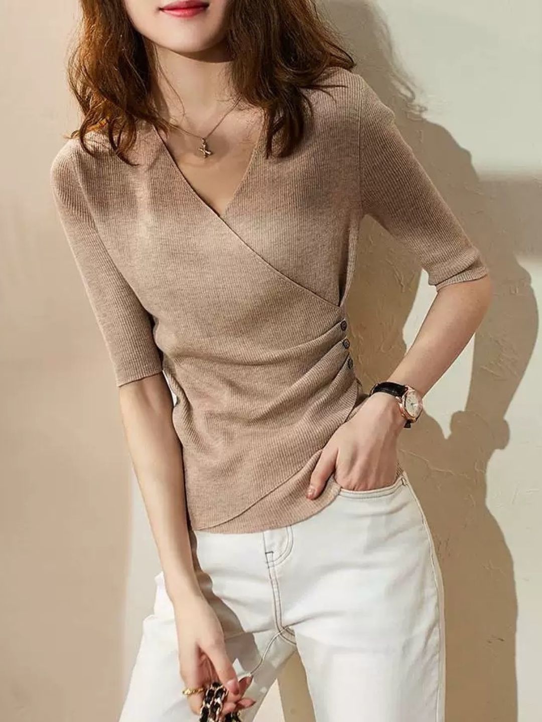 GR | Casual V-neck solid color knit top green 