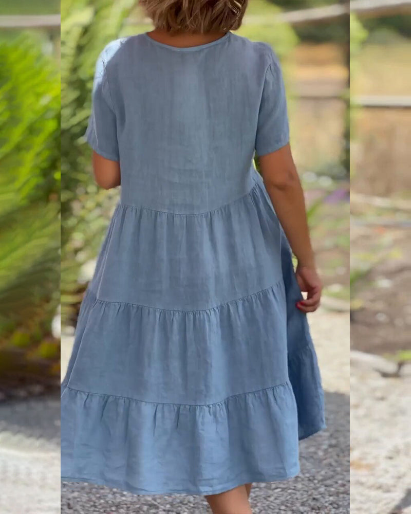 GR | Plain cotton-linen dress with V-neck