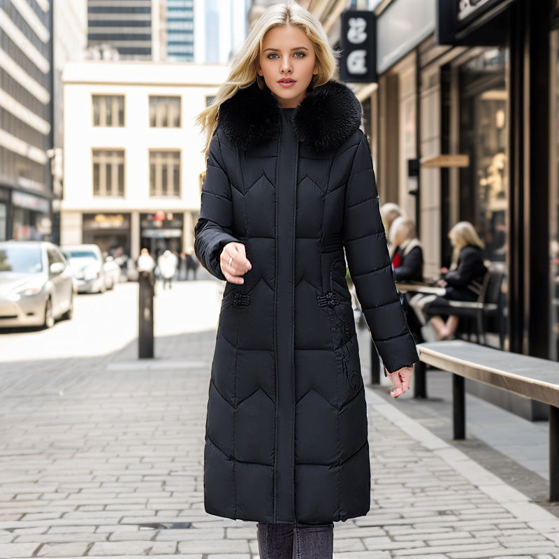 GR | Elegant tailored over-the-knee cotton coat with fur collar