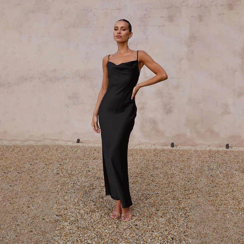 GR | Zeitlose Satin Damenkleid Mit Offenem Rücken Elegantes Design