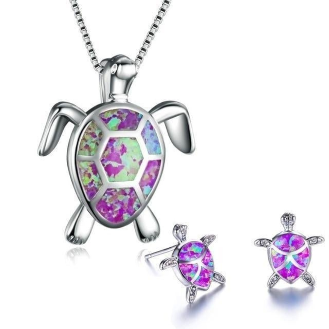 GR | Turtle Necklace + Earrings in Opal and Silver