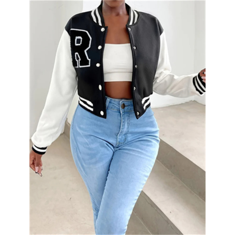 GR | Varsity Bomber Jacket for Women, Short Model with Letter Patch and Snap Button Closure