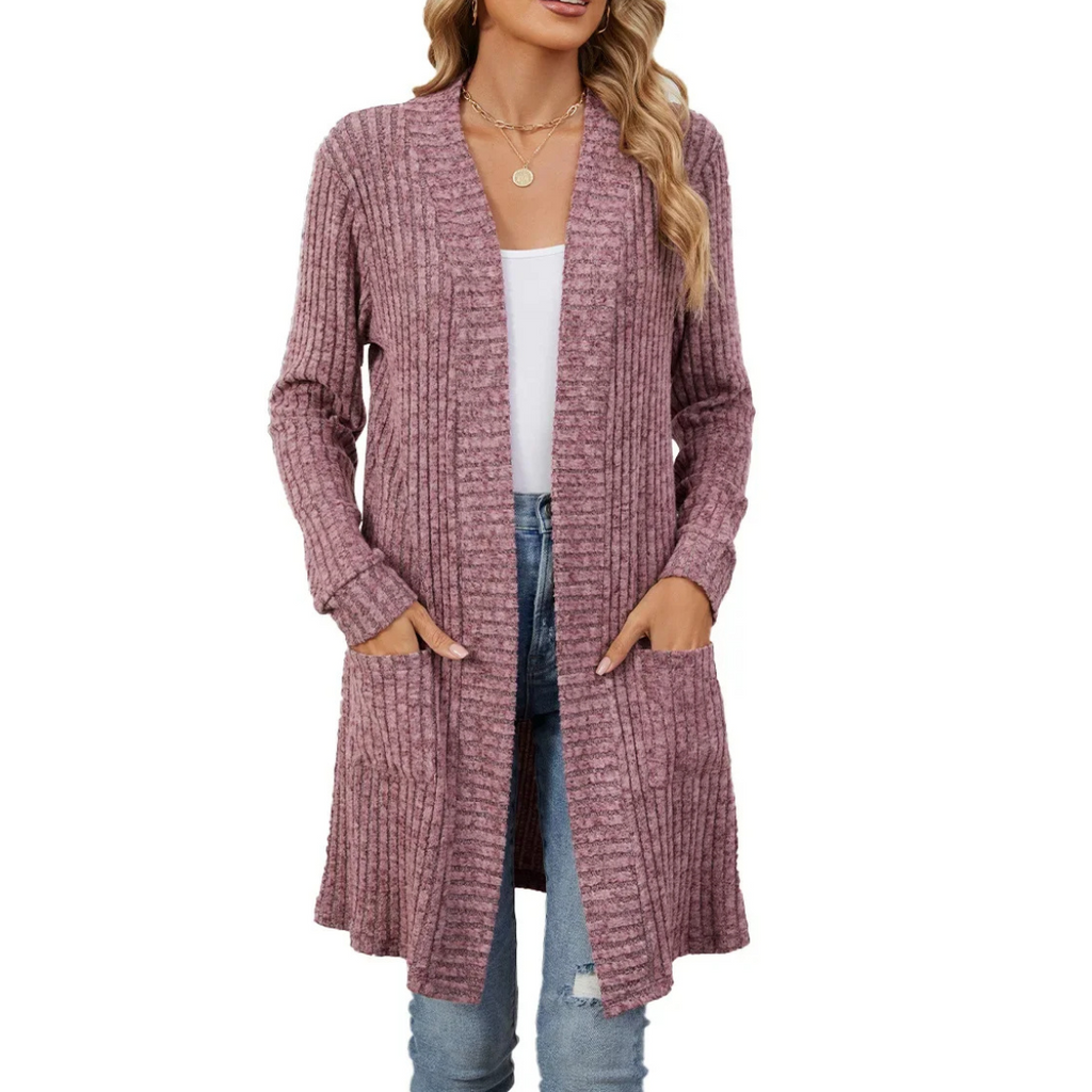 GR | Lange Strickjacken Damen Gerippte Offene Vorderseite Jacke mit Taschen