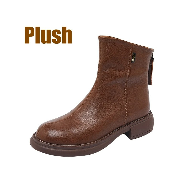 GR | Women's Leather Ankle Boots with Back Zipper and Low Heel