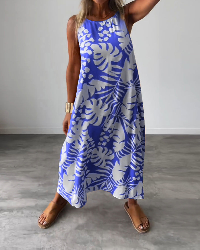 GR | Lässiges, Ärmelloses Kleid mit Blattmuster