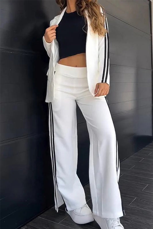 GR | Rosiedress Color Block Open Front Blazer Elastic Waist Slit Wide Leg Trousers Set 