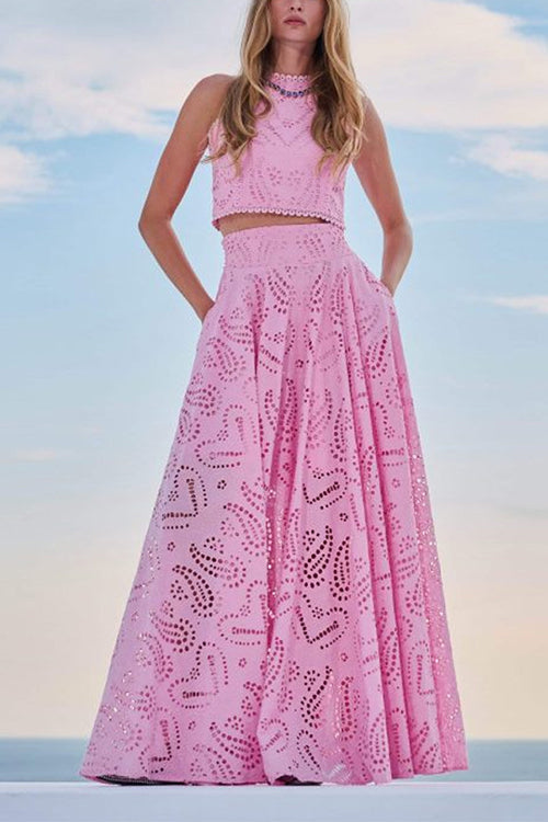 GR | Rosiedress Lace Hollow Out Round Neck Crop Tank Top High Waist Maxi Swing Skirt Set 