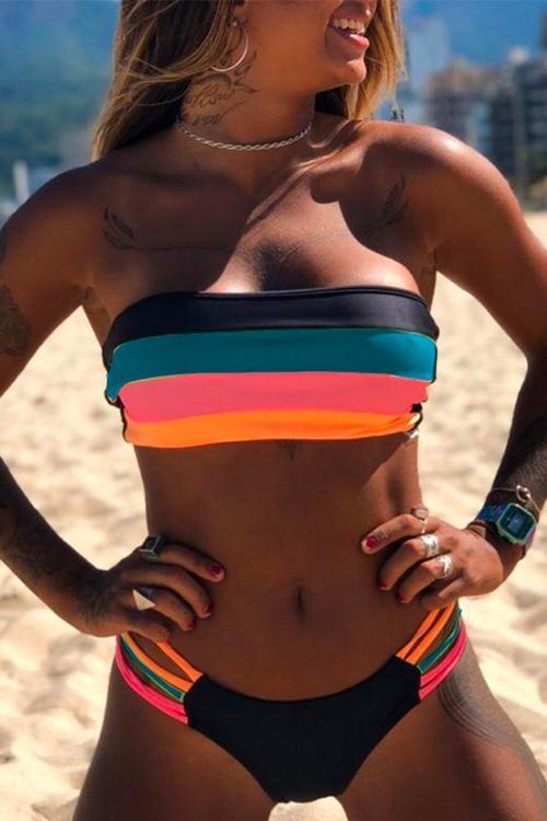 GR | Rosiedress Rainbow Striped Tube Top Bandeau Bikini Set