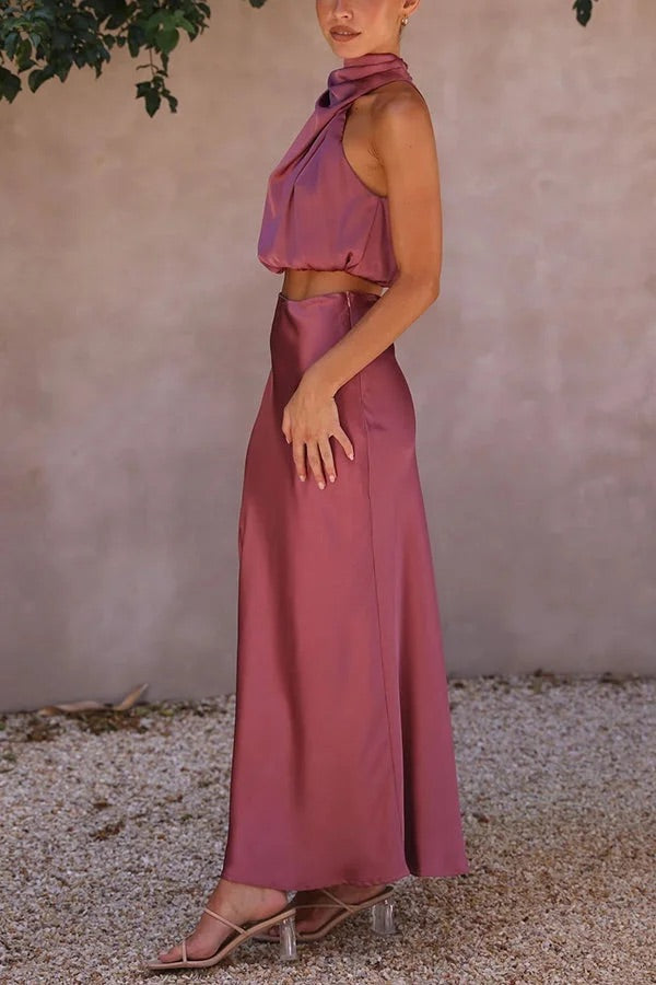 GR | Such a mood High-necked satin draped maxi skirt set 
