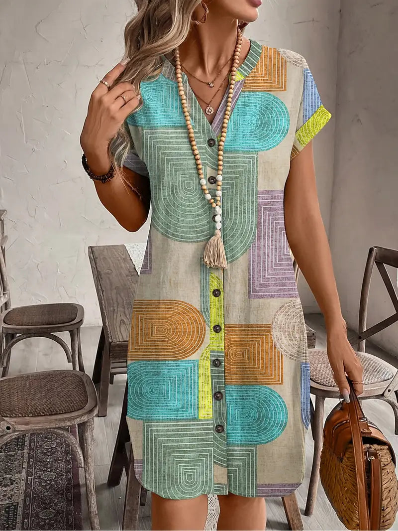 GR | Sommerhemd mit Geometrischem Druck V-Ausschnitt und Knopfverschluss Elegantes Midikleid