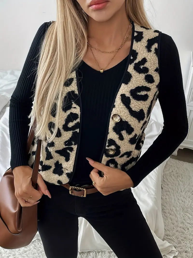 GR | Sleeveless faux fur vest with leopard print for women