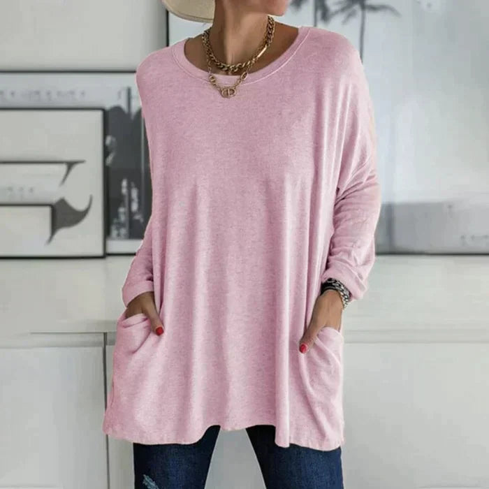GR | Fashionable tunic top with pockets - Relaxed fit, round neck, long sleeves