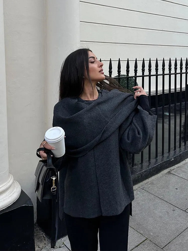 GR | Elegant wool trench coat with scarf set