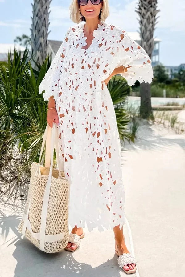 GR | Ich Gehören Hier Floral Øsen Spitze Cover Up Strand Midi Kleid
